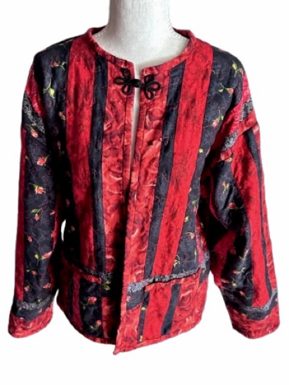Vintage Quilted Floral Striped Jacket Handmade Medium Flowers cottage Boho